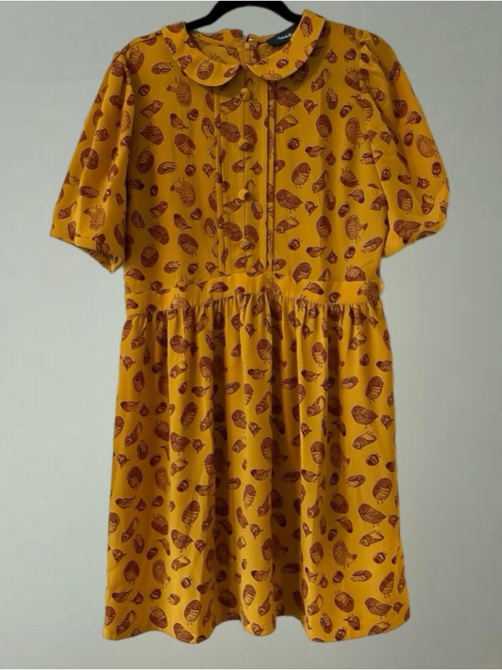 ModCloth Mustard Yellow Dress with Brown Nature Print and Peter Pan Collar